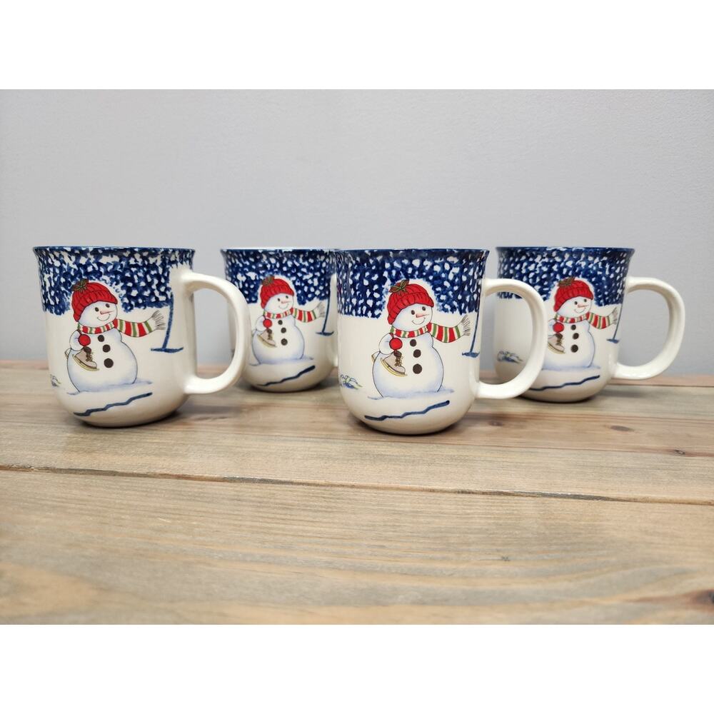 Set of 4 Thomson Pottery Snowman Christmas Stoneware Coffee Mugs